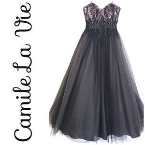 Nwot Camile La Vie Strapless Sweetheart Black Tulle/Lavender Sequin Even…